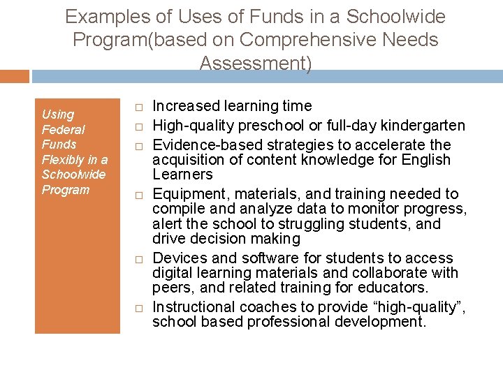 Examples of Uses of Funds in a Schoolwide Program(based on Comprehensive Needs Assessment) Using
