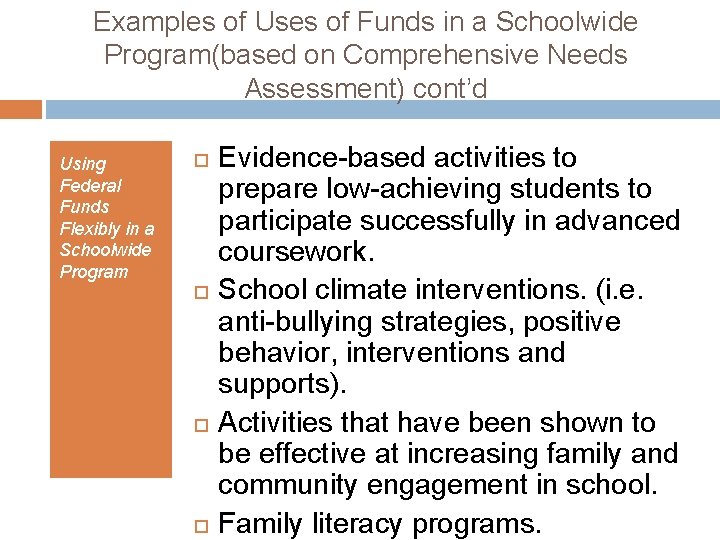 Examples of Uses of Funds in a Schoolwide Program(based on Comprehensive Needs Assessment) cont’d