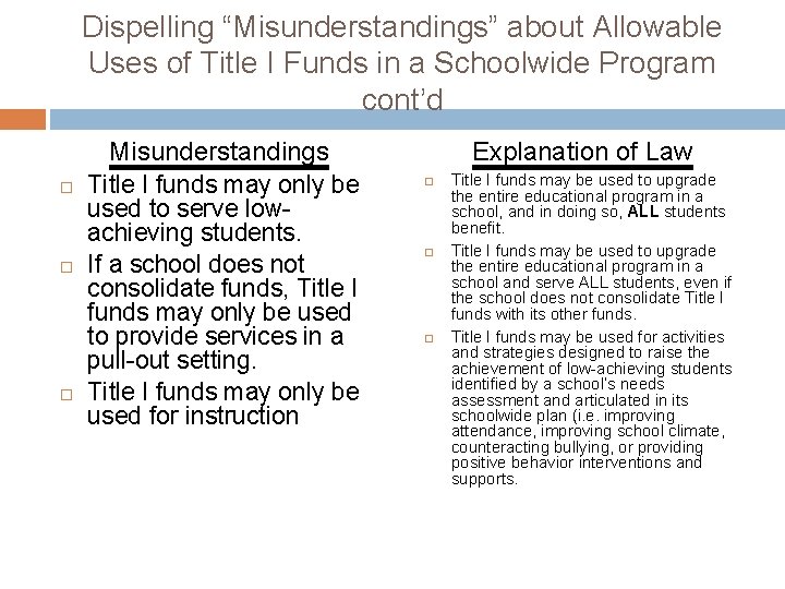 Dispelling “Misunderstandings” about Allowable Uses of Title I Funds in a Schoolwide Program cont’d