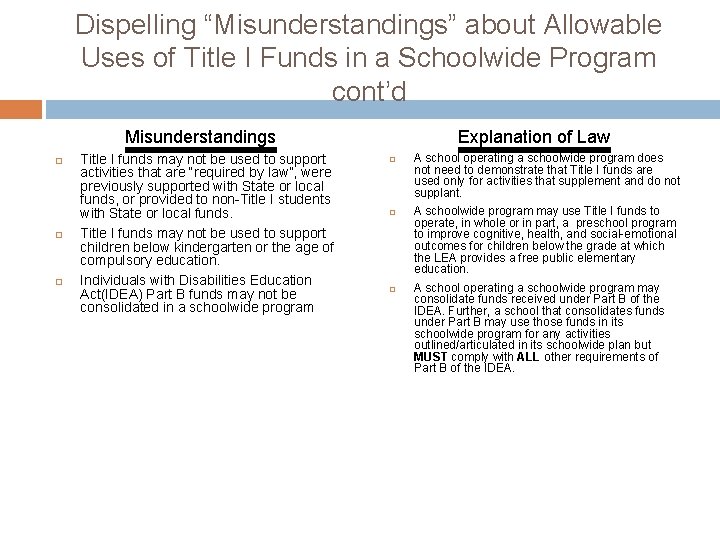 Dispelling “Misunderstandings” about Allowable Uses of Title I Funds in a Schoolwide Program cont’d