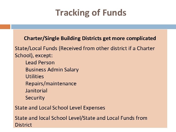 Tracking of Funds Charter/Single Building Districts get more complicated State/Local Funds (Received from other