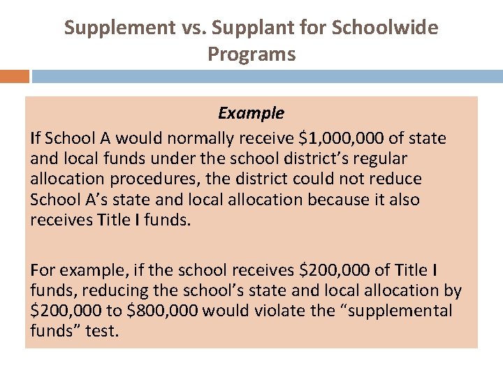 Supplement vs. Supplant for Schoolwide Programs Example If School A would normally receive $1,