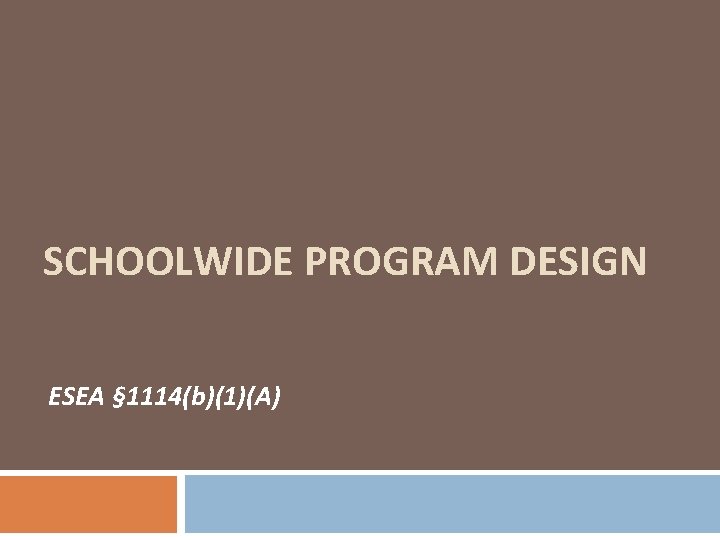 SCHOOLWIDE PROGRAM DESIGN ESEA § 1114(b)(1)(A) 