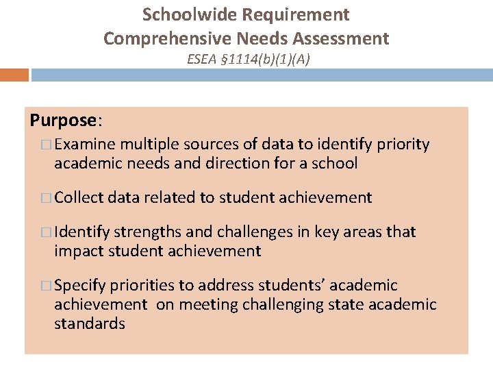 Schoolwide Requirement Comprehensive Needs Assessment ESEA § 1114(b)(1)(A) Purpose: � Examine multiple sources of