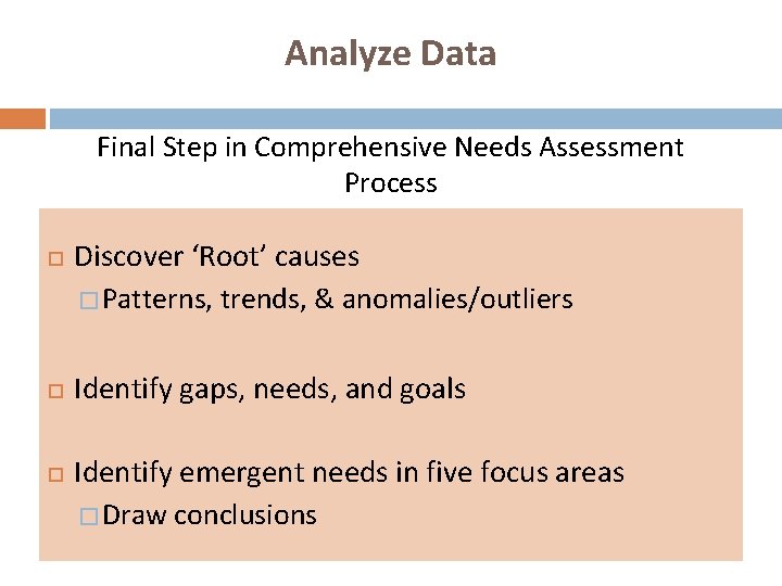 Analyze Data Final Step in Comprehensive Needs Assessment Process Discover ‘Root’ causes � Patterns,