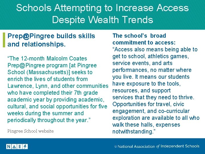 Schools Attempting to Increase Access Despite Wealth Trends Prep@Pingree builds skills and relationships. The