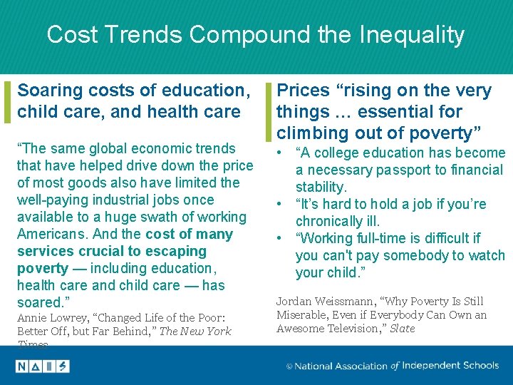 Cost Trends Compound the Inequality Soaring costs of education, child care, and health care Cost Trends Compound the Inequality Soaring costs of education, child care, and health care