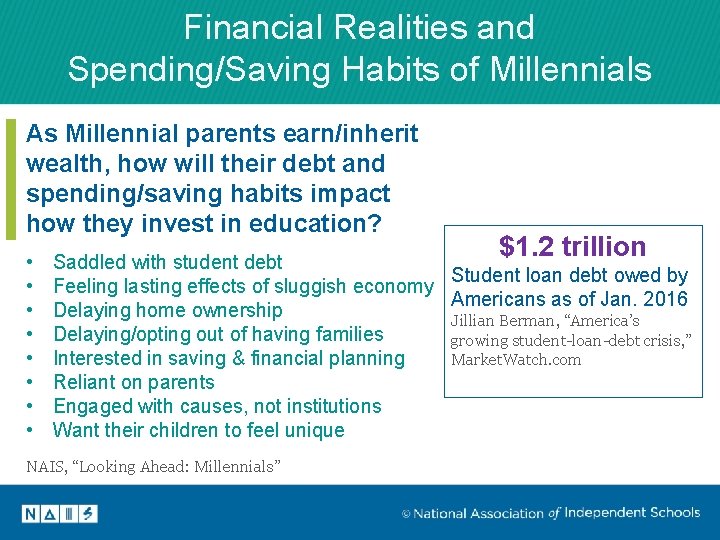 Financial Realities and Spending/Saving Habits of Millennials As Millennial parents earn/inherit wealth, how will