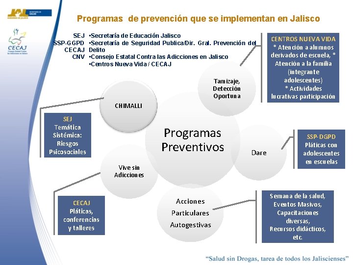 Programas de prevención que se implementan en Jalisco SEJ SSP-GGPD CECAJ CNV • Secretaría