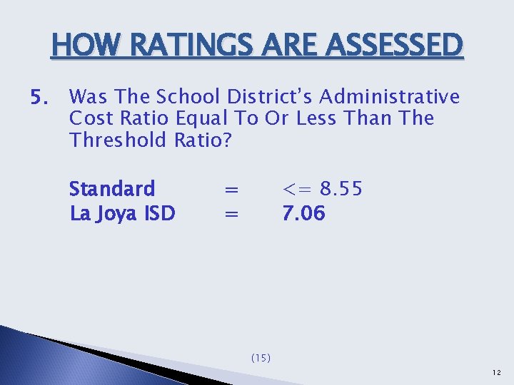 HOW RATINGS ARE ASSESSED 5. Was The School District’s Administrative Cost Ratio Equal To