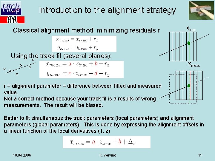 Introduction to the alignment strategy Classical alignment method: minimizing residuals r xtrue Using the