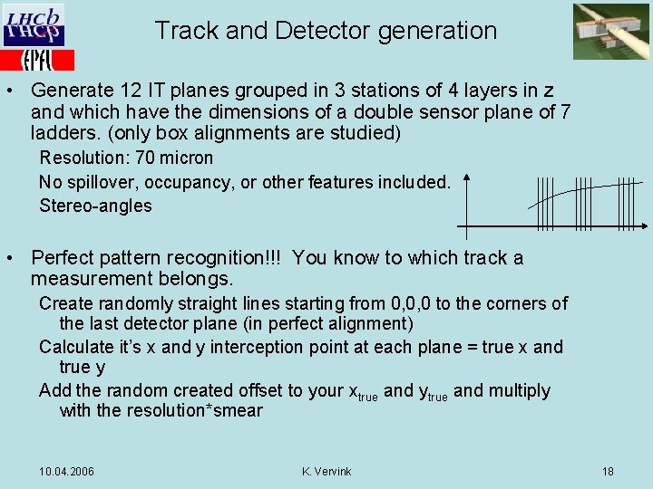 Track and Detector generation • Generate 12 IT planes grouped in 3 stations of