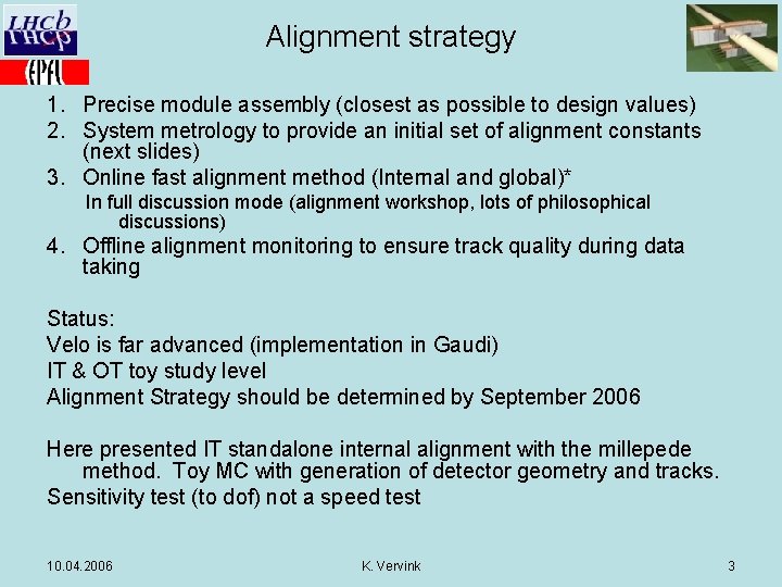 Alignment strategy 1. Precise module assembly (closest as possible to design values) 2. System