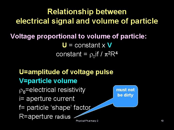 Relationship between electrical signal and volume of particle Voltage proportional to volume of particle: