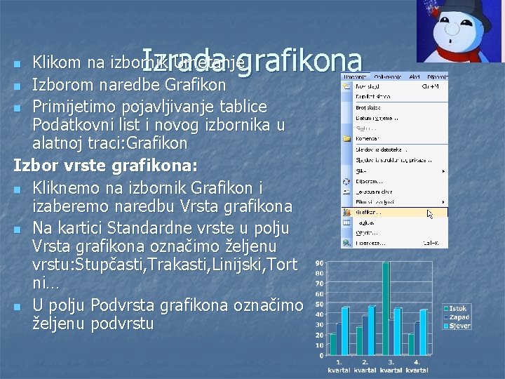 Izrada grafikona Klikom na izbornik Umetanje n Izborom naredbe Grafikon n Primijetimo pojavljivanje tablice