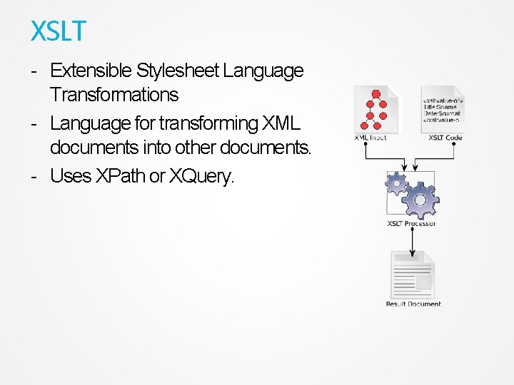 XSLT - Extensible Stylesheet Language Transformations - Language for transforming XML documents into other