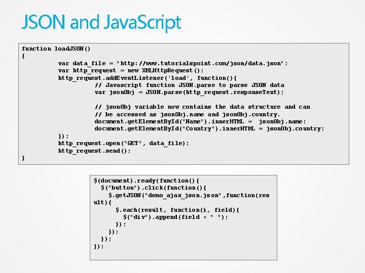 JSON and Java. Script function load. JSON() { var data_file = "http: //www. tutorialspoint.