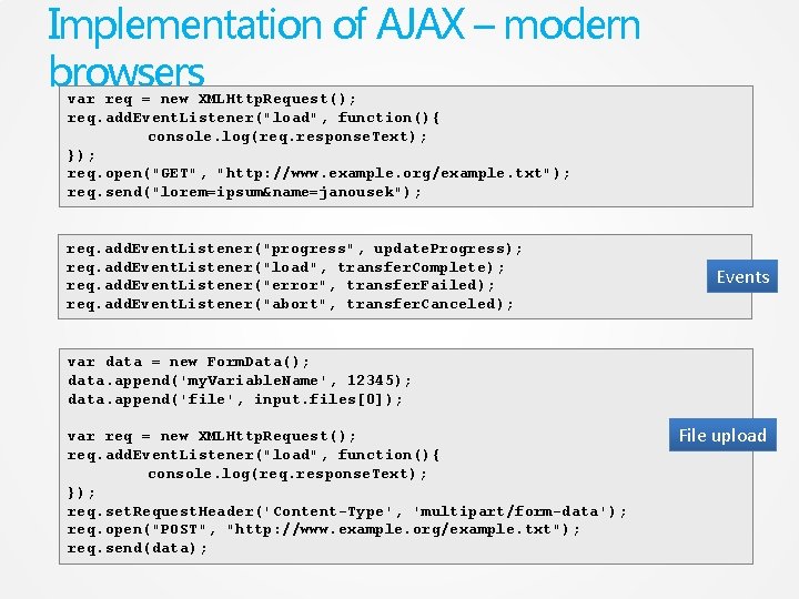Implementation of AJAX – modern browsers var req = new XMLHttp. Request(); req. add.