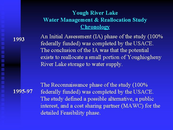 Yough River Lake Water Management & Reallocation Study Chronology 1993 1995 -97 An Initial