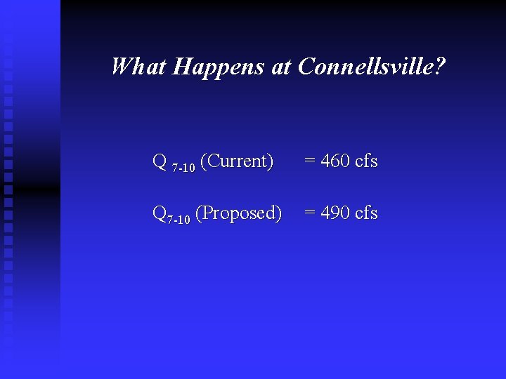 What Happens at Connellsville? Q 7 -10 (Current) = 460 cfs Q 7 -10
