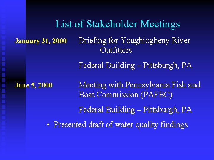 List of Stakeholder Meetings January 31, 2000 Briefing for Youghiogheny River Outfitters Federal Building