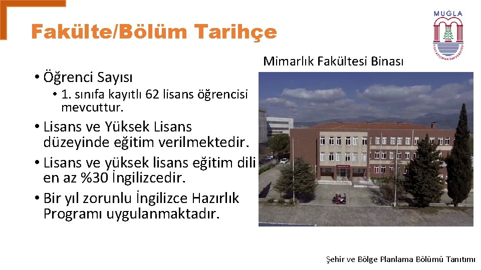 Fakülte/Bölüm Tarihçe • Öğrenci Sayısı Mimarlık Fakültesi Binası • 1. sınıfa kayıtlı 62 lisans