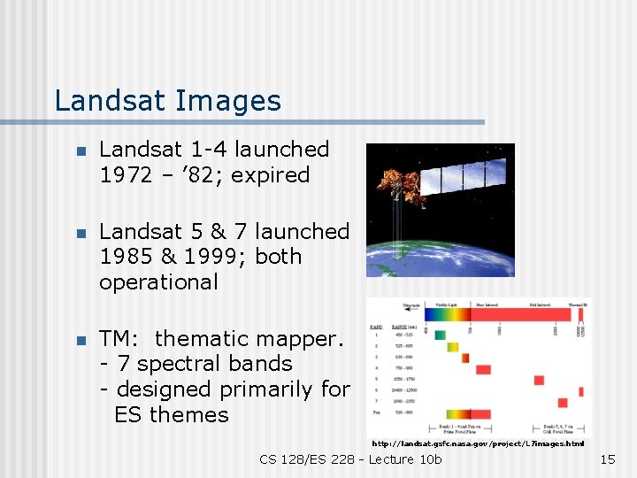 Landsat Images n Landsat 1 -4 launched 1972 – ’ 82; expired n Landsat
