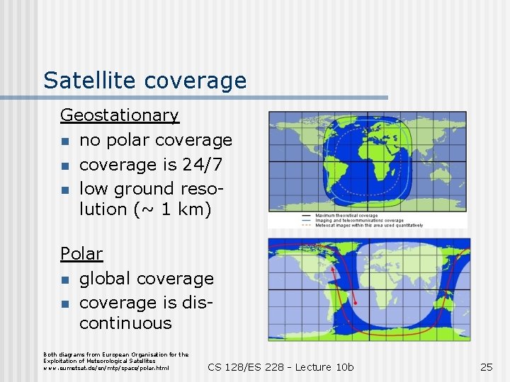 Satellite coverage Geostationary n no polar coverage n coverage is 24/7 n low ground