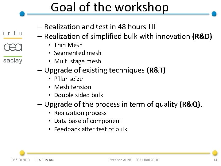 Goal of the workshop – Realization and test in 48 hours !!! – Realization
