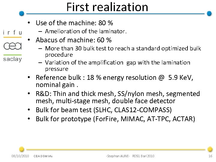 First realization • Use of the machine: 80 % – Amelioration of the laminator.