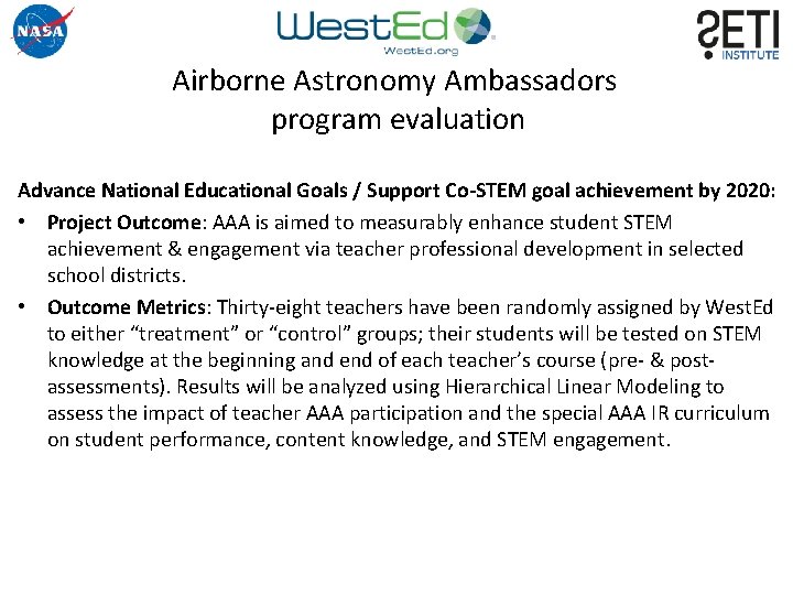 Airborne Astronomy Ambassadors program evaluation Advance National Educational Goals / Support Co-STEM goal achievement