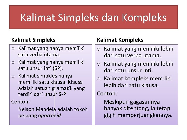 Kalimat Simpleks dan Kompleks Kalimat Simpleks o Kalimat yang hanya memiliki satu verba utama.