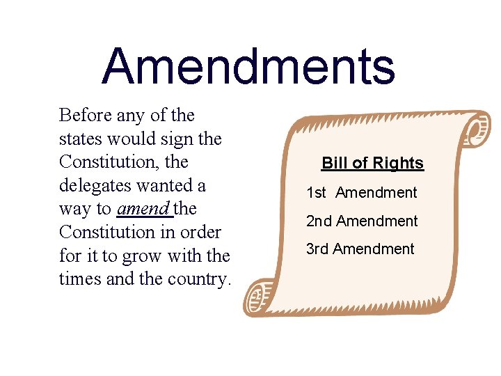 Amendments Before any of the states would sign the Constitution, the delegates wanted a