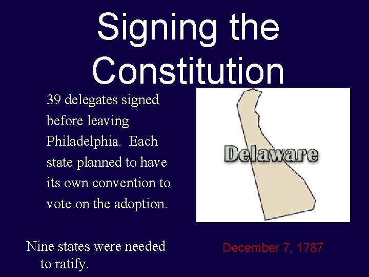 Signing the Constitution 39 delegates signed before leaving Philadelphia. Each state planned to have