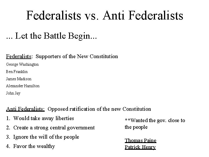 Federalists vs. Anti Federalists. . . Let the Battle Begin. . . Federalists: Supporters