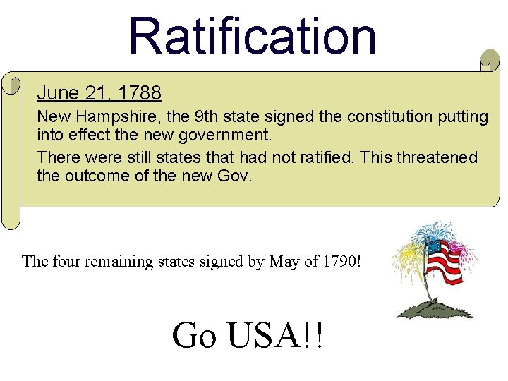 Ratification June 21, 1788 New Hampshire, the 9 th state signed the constitution putting