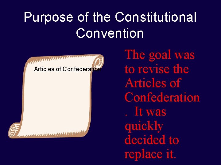 Purpose of the Constitutional Convention Articles of Confederation The goal was to revise the