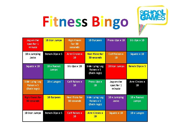 Fitness Bingo Jog on the spot for 1 minute 10 Star Jumps High Knees