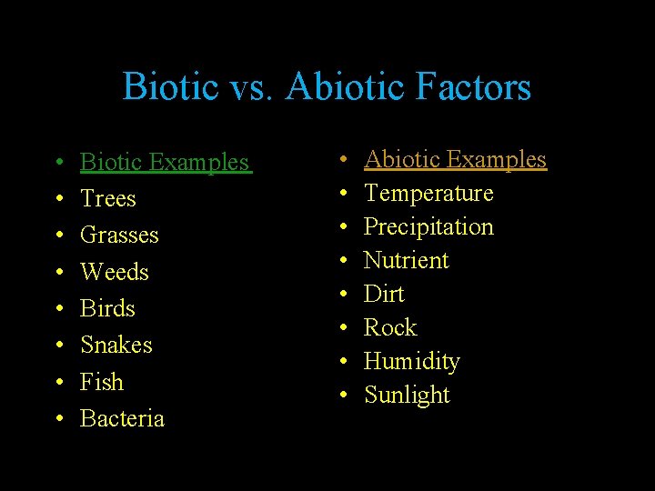 Biotic vs. Abiotic Factors • • Biotic Examples Trees Grasses Weeds Birds Snakes Fish