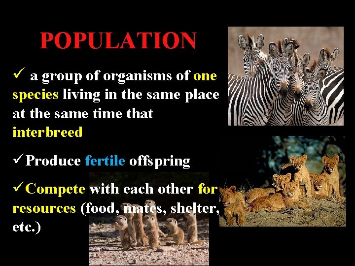 POPULATION ü a group of organisms of one species living in the same place