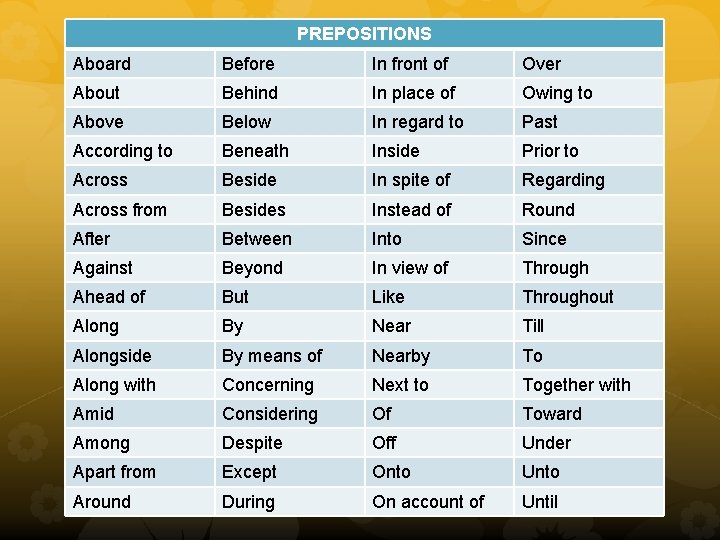 PREPOSITIONS Aboard Before In front of Over About Behind In place of Owing to