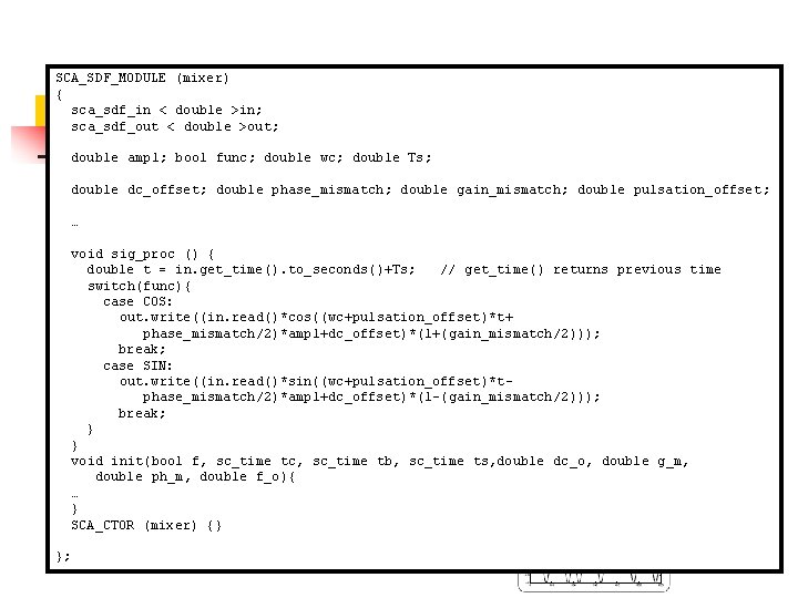 SCA_SDF_MODULE (mixer) { sca_sdf_in < double >in; sca_sdf_out < double >out; RF Transceiver: Transmitter