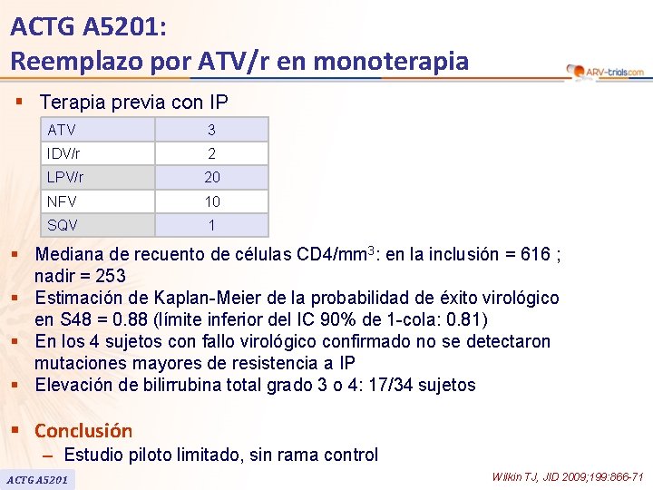 ACTG A 5201: Reemplazo por ATV/r en monoterapia § Terapia previa con IP ATV