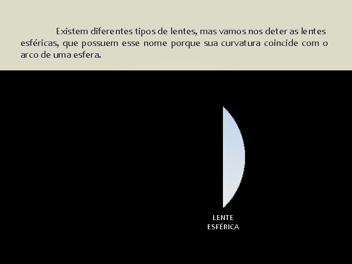 Existem diferentes tipos de lentes, mas vamos nos deter as lentes esféricas, que possuem