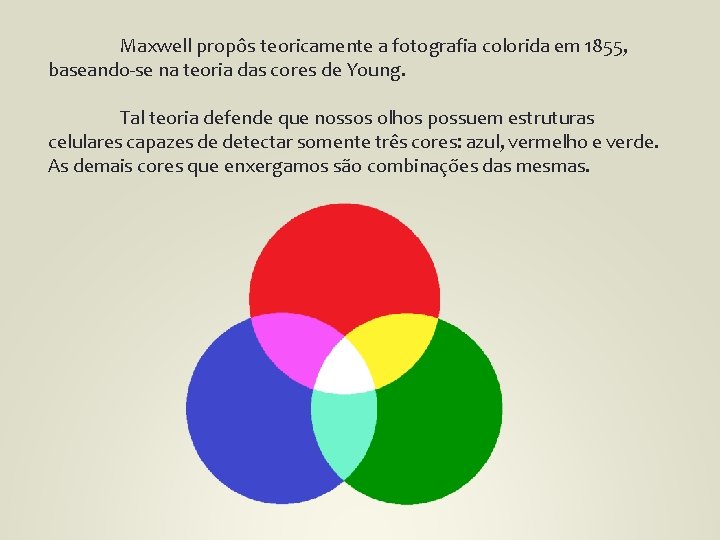 Maxwell propôs teoricamente a fotografia colorida em 1855, baseando-se na teoria das cores de