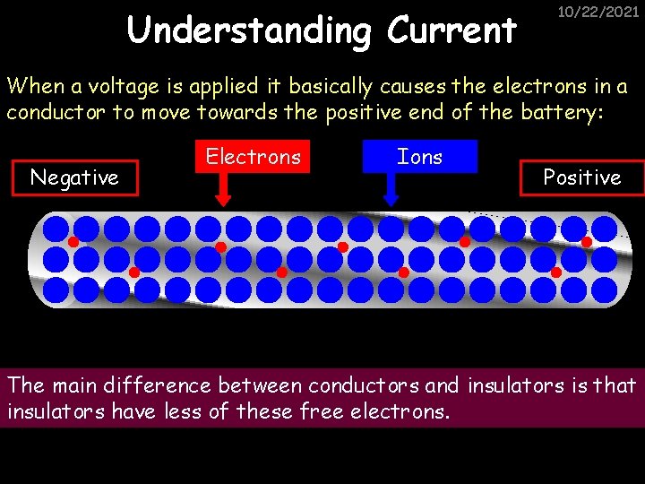 Understanding Current 10/22/2021 When a voltage is applied it basically causes the electrons in