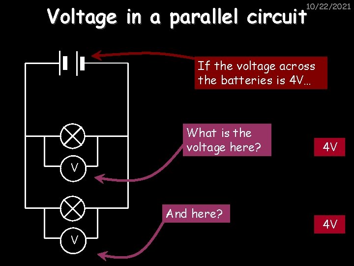 10/22/2021 Voltage in a parallel circuit If the voltage across the batteries is 4