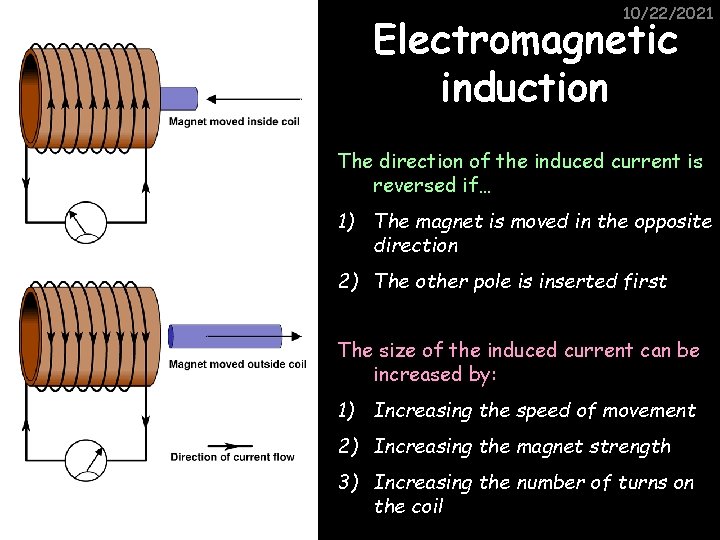 10/22/2021 Electromagnetic induction The direction of the induced current is reversed if… 1) The