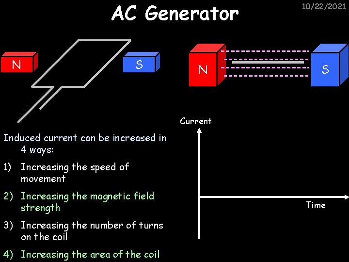 AC Generator N S N 10/22/2021 S Current Induced current can be increased in
