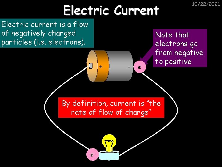 Electric Current Electric current is a flow of negatively charged particles (i. e. electrons).